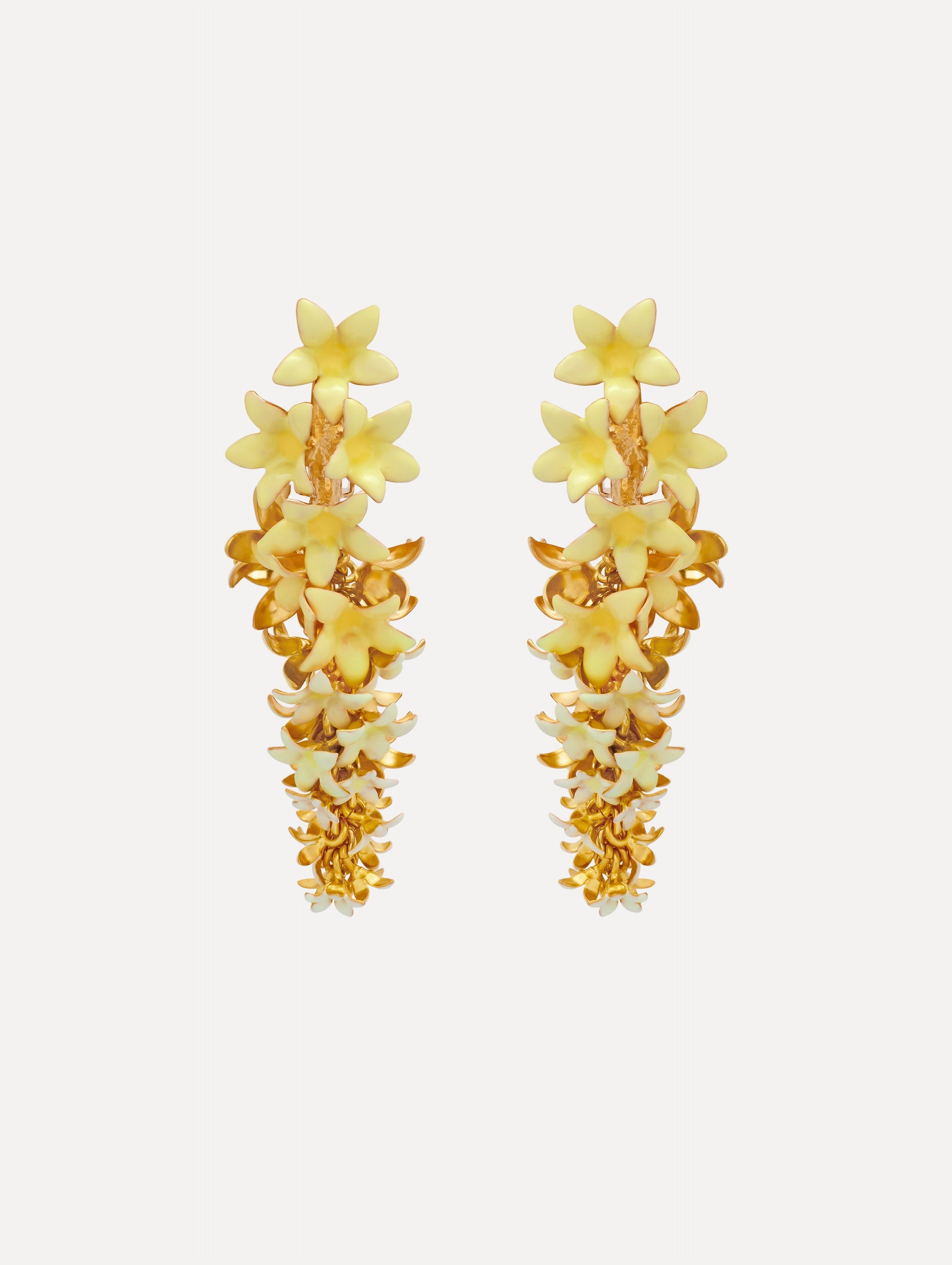 Yellow Foxglove Earrings featuring layered enamel petals with gold accents.