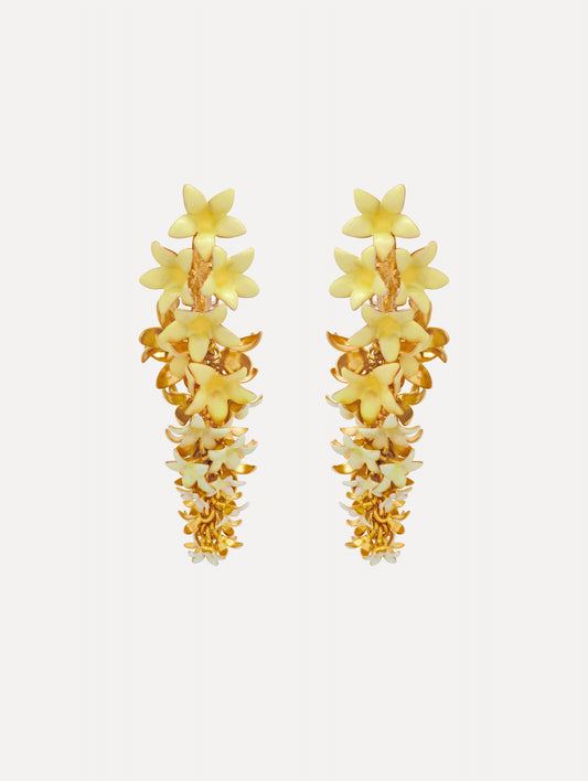 Yellow Foxglove Earrings featuring layered enamel petals with gold accents.