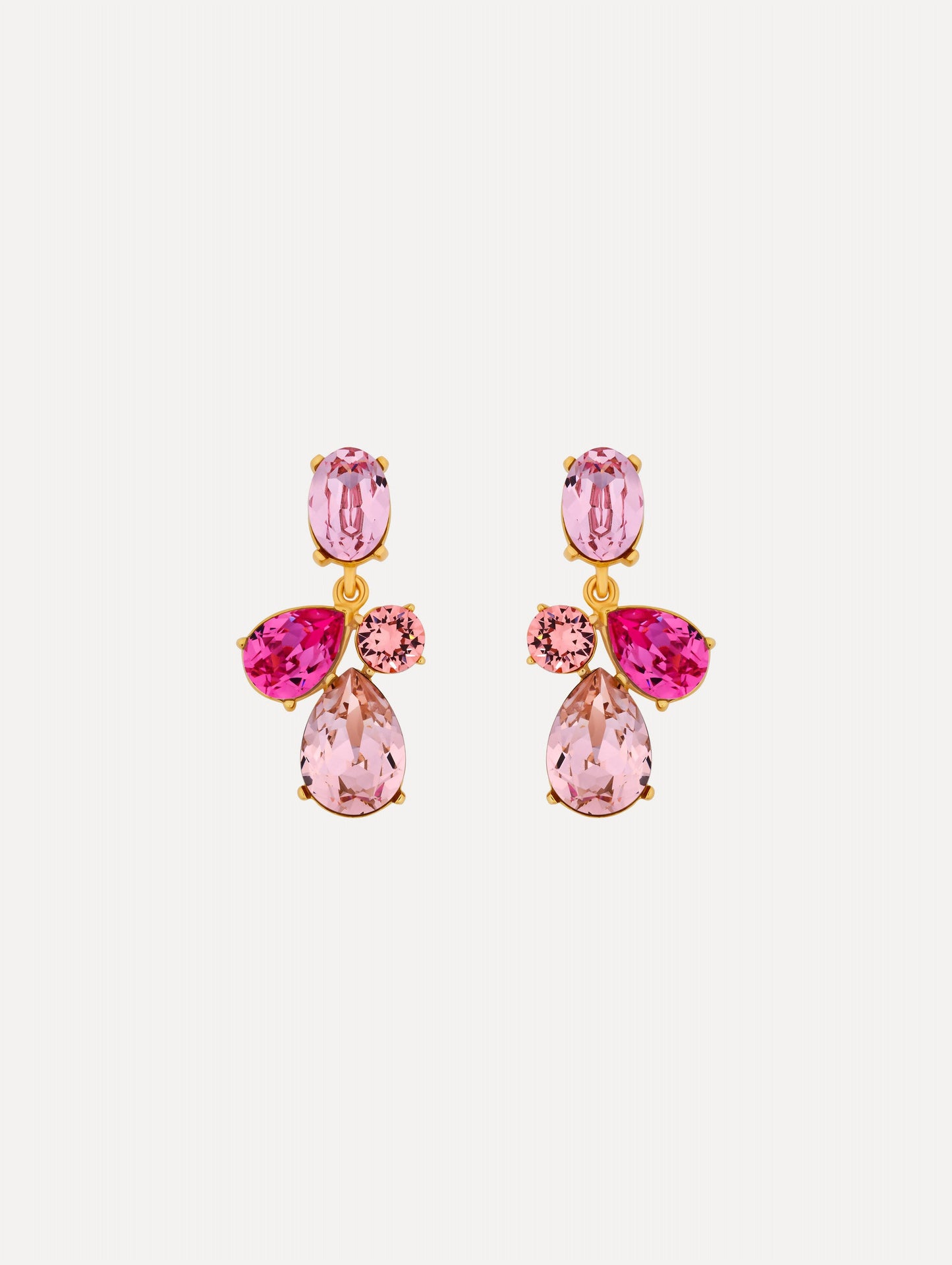 Gold Candy Drop Earrings featuring pink oval studs, round crystals, and faceted teardrop pendants in blush and fuchsia tones.