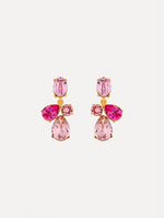 Gold Candy Drop Earrings featuring pink oval studs, round crystals, and faceted teardrop pendants in blush and fuchsia tones.