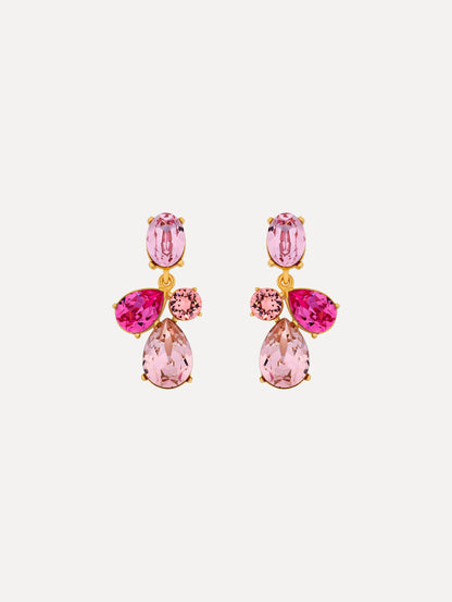 Gold Candy Drop Earrings featuring pink oval studs, round crystals, and faceted teardrop pendants in blush and fuchsia tones.