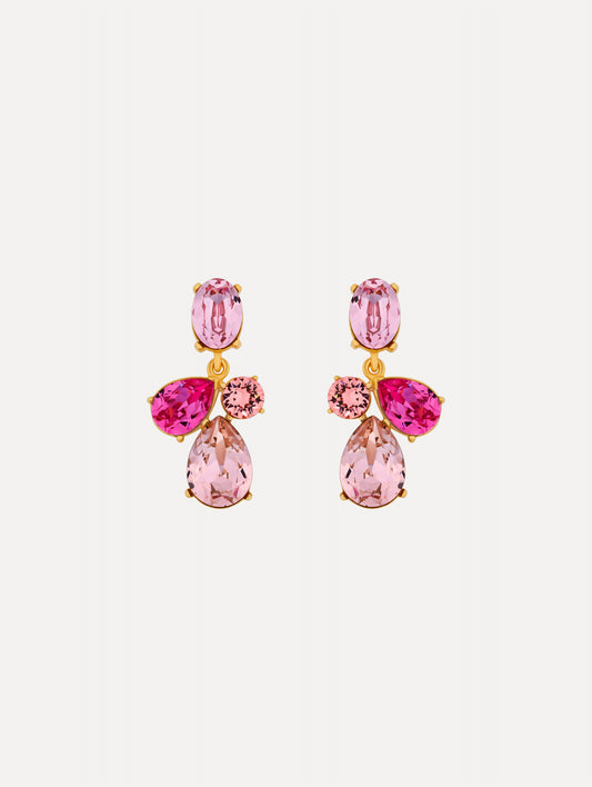 Gold Candy Drop Earrings featuring pink oval studs, round crystals, and faceted teardrop pendants in blush and fuchsia tones.
