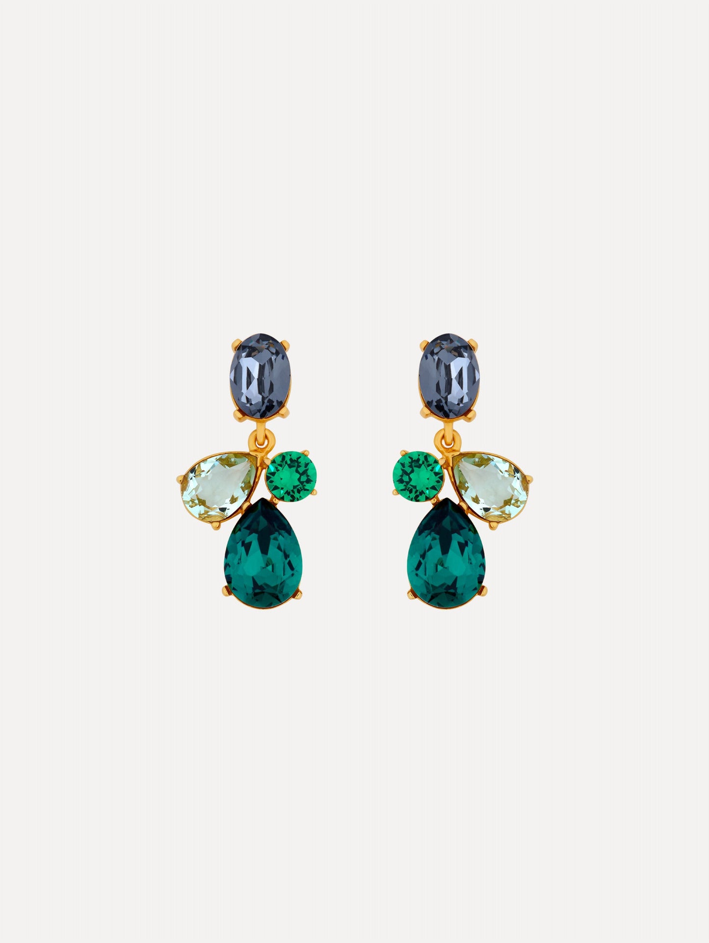 Gold Candy Drop Earrings featuring blue oval studs, green round crystals, pale green teardrops, and emerald teardrop pendants.