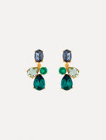 Gold Candy Drop Earrings featuring blue oval studs, green round crystals, pale green teardrops, and emerald teardrop pendants.