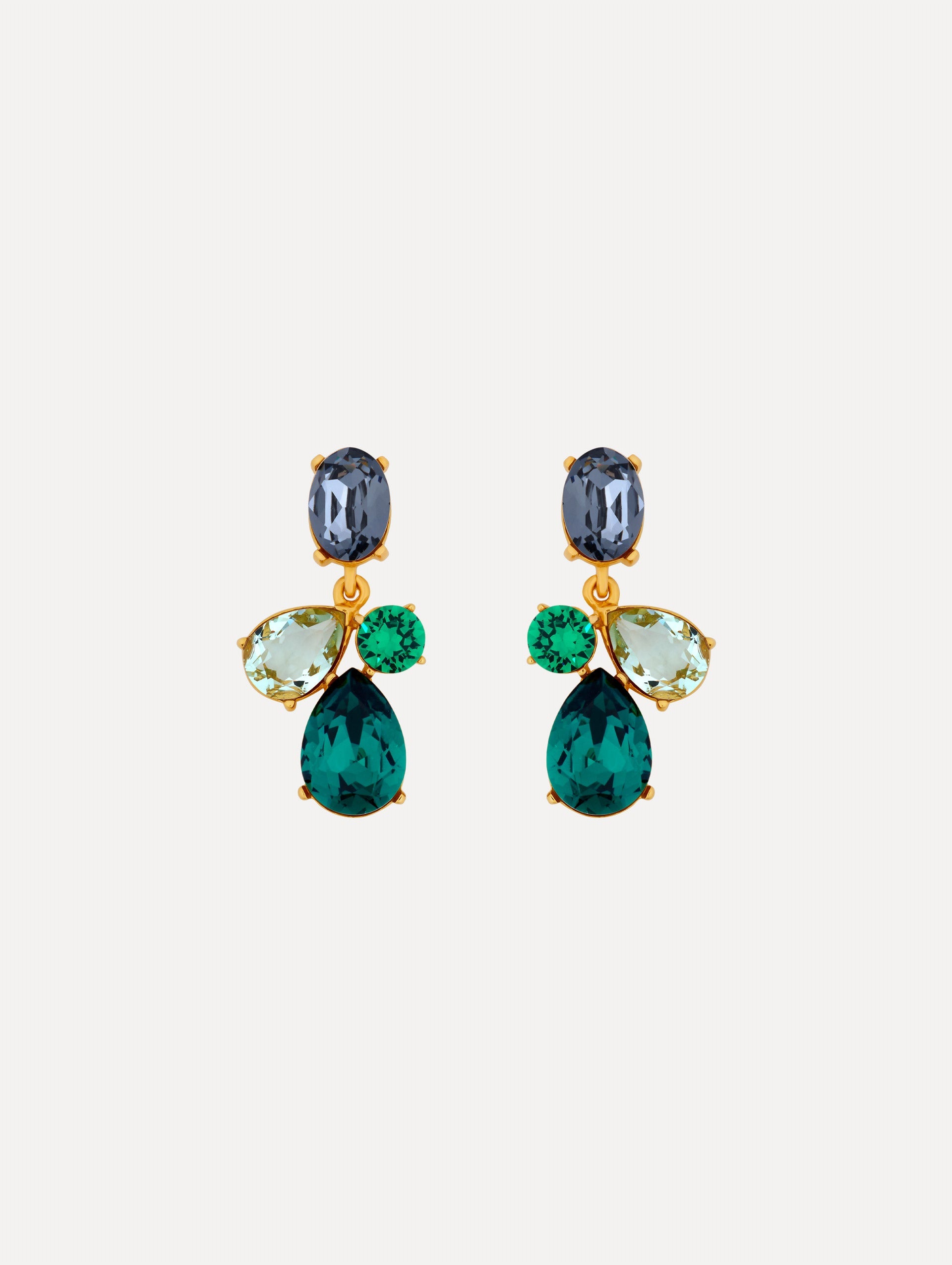 Gold Candy Drop Earrings featuring blue oval studs, green round crystals, pale green teardrops, and emerald teardrop pendants.