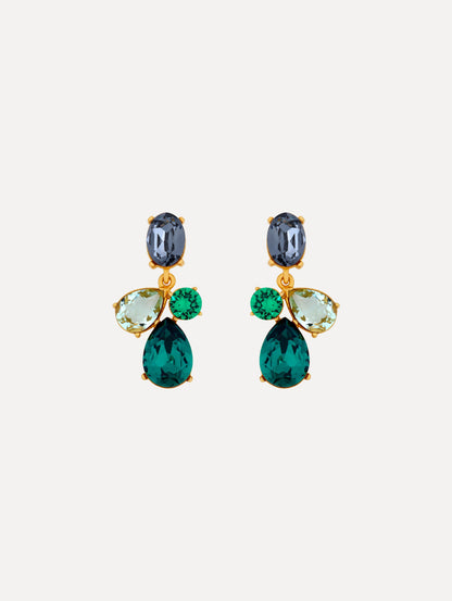 Gold Candy Drop Earrings featuring blue oval studs, green round crystals, pale green teardrops, and emerald teardrop pendants.