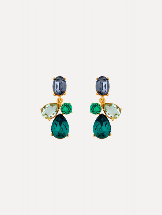 Gold Candy Drop Earrings featuring blue oval studs, green round crystals, pale green teardrops, and emerald teardrop pendants.
