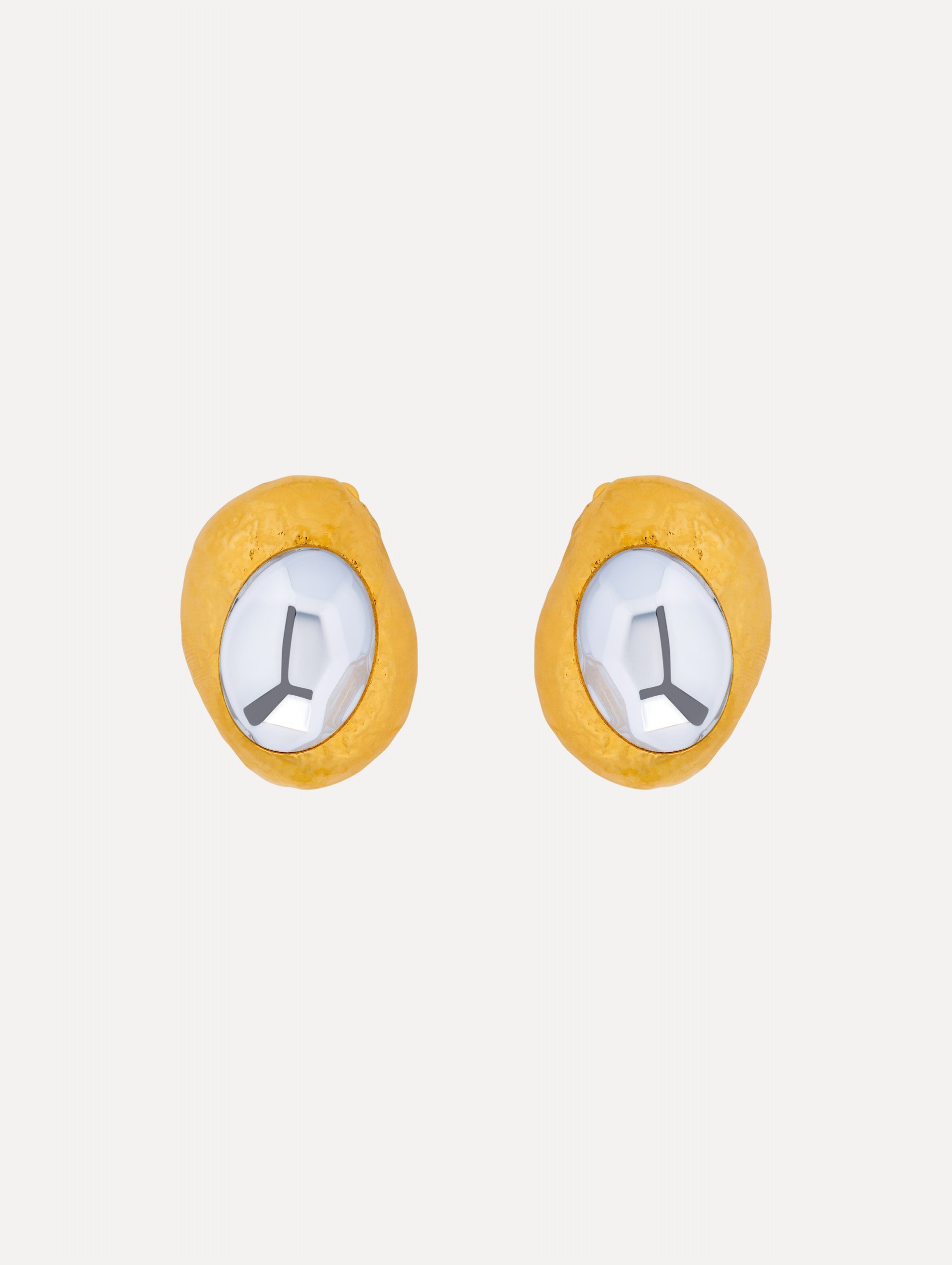Gold Hammered Oval Clip-On Earrings featuring round textured frames with faceted silver-tone centers.