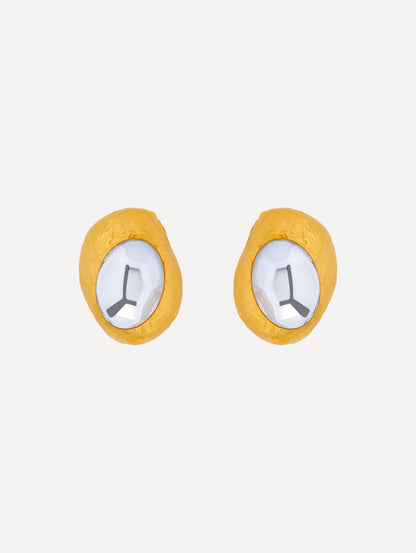 Gold Hammered Oval Clip-On Earrings featuring round textured frames with faceted silver-tone centers.
