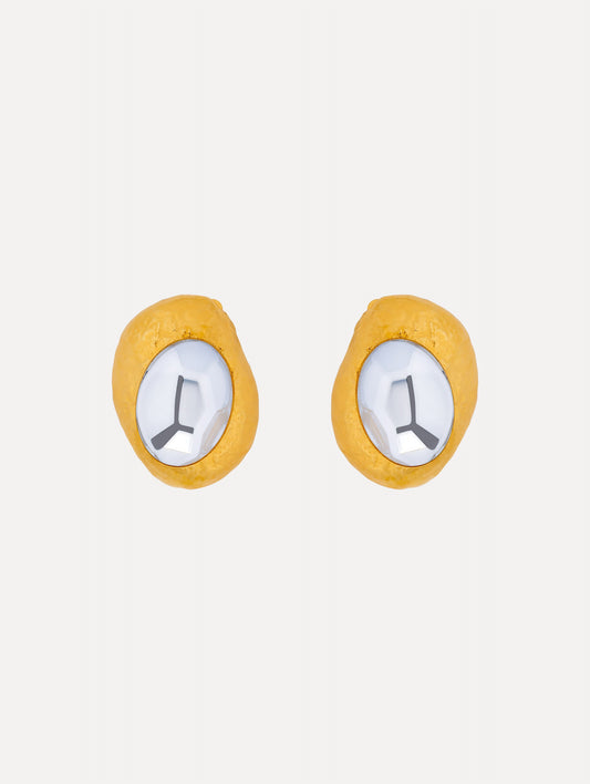 Gold Hammered Oval Clip-On Earrings featuring round textured frames with faceted silver-tone centers.
