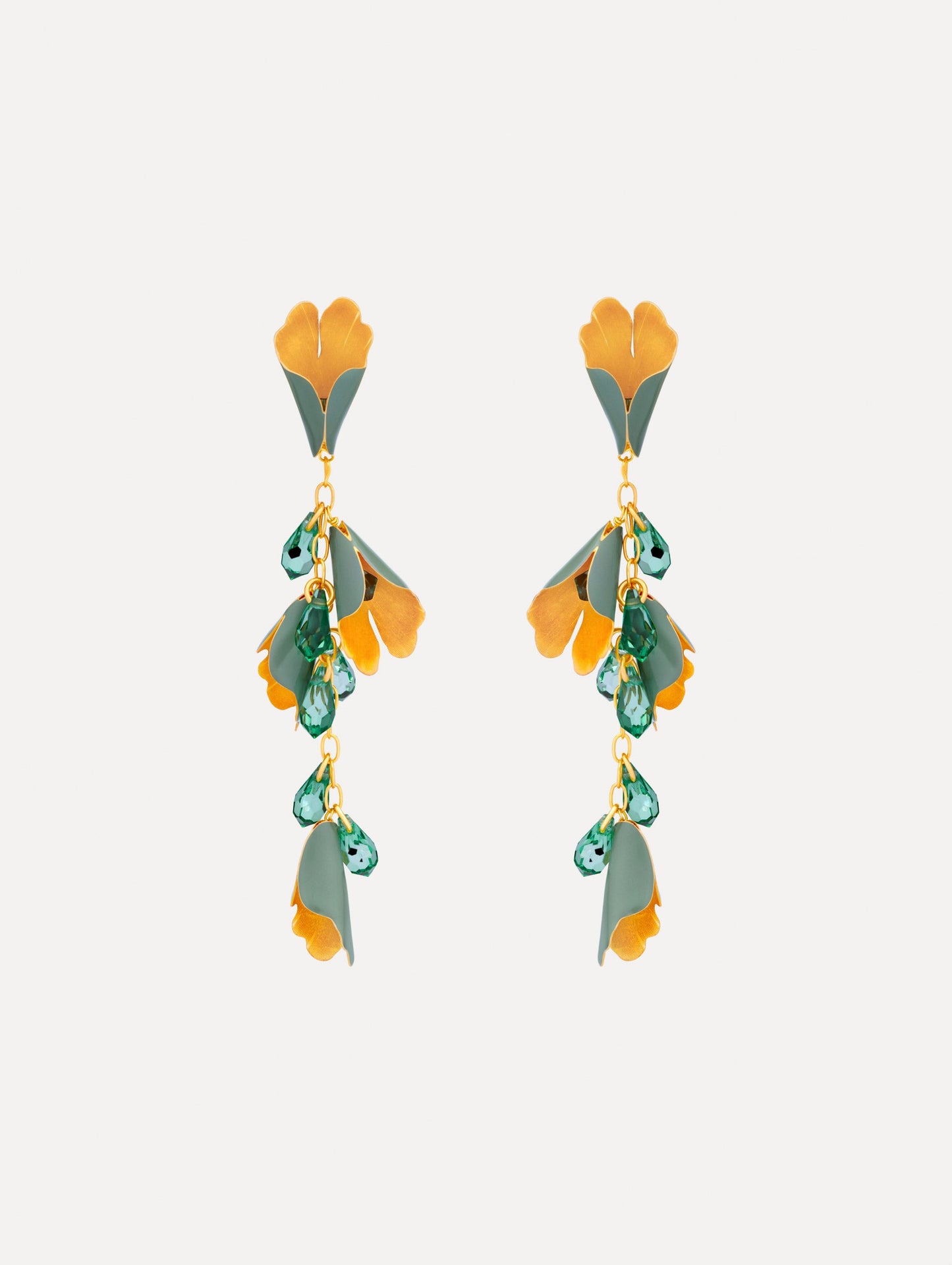 Gold and green Bellflower Drop Earrings featuring layered petal motifs with emerald crystal accents.