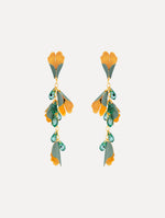 Gold and green Bellflower Drop Earrings featuring layered petal motifs with emerald crystal accents.