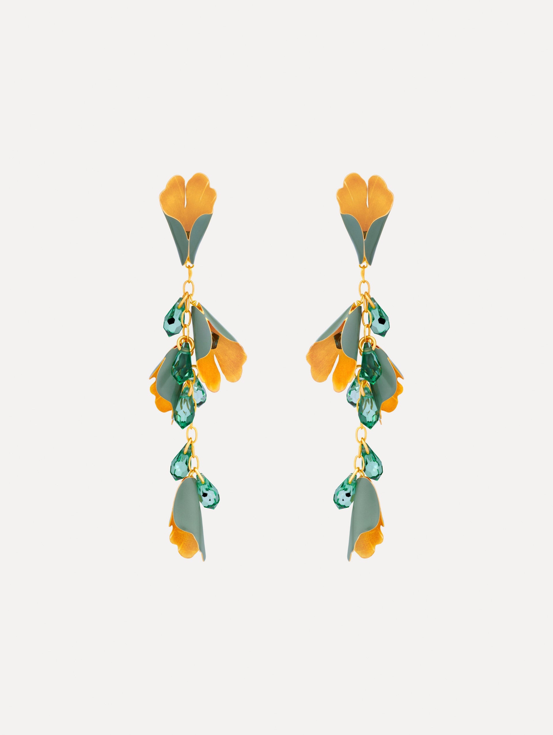Gold and green Bellflower Drop Earrings featuring layered petal motifs with emerald crystal accents.
