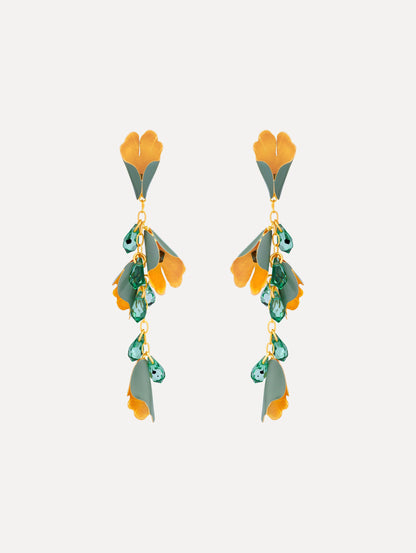 Gold and green Bellflower Drop Earrings featuring layered petal motifs with emerald crystal accents.