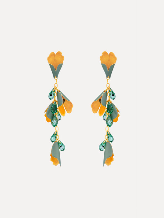 Gold and green Bellflower Drop Earrings featuring layered petal motifs with emerald crystal accents.