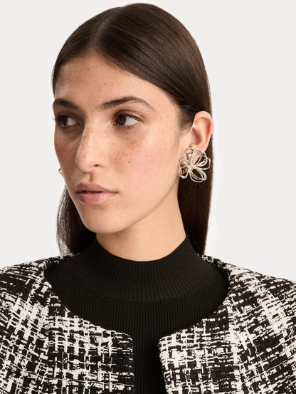 Silver Threaded Flower Earrings featuring openwork looping design. Front View.