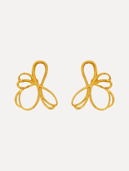 Gold Threaded Flower Asymmetrical Clip-On Earrings featuring openwork looping design.