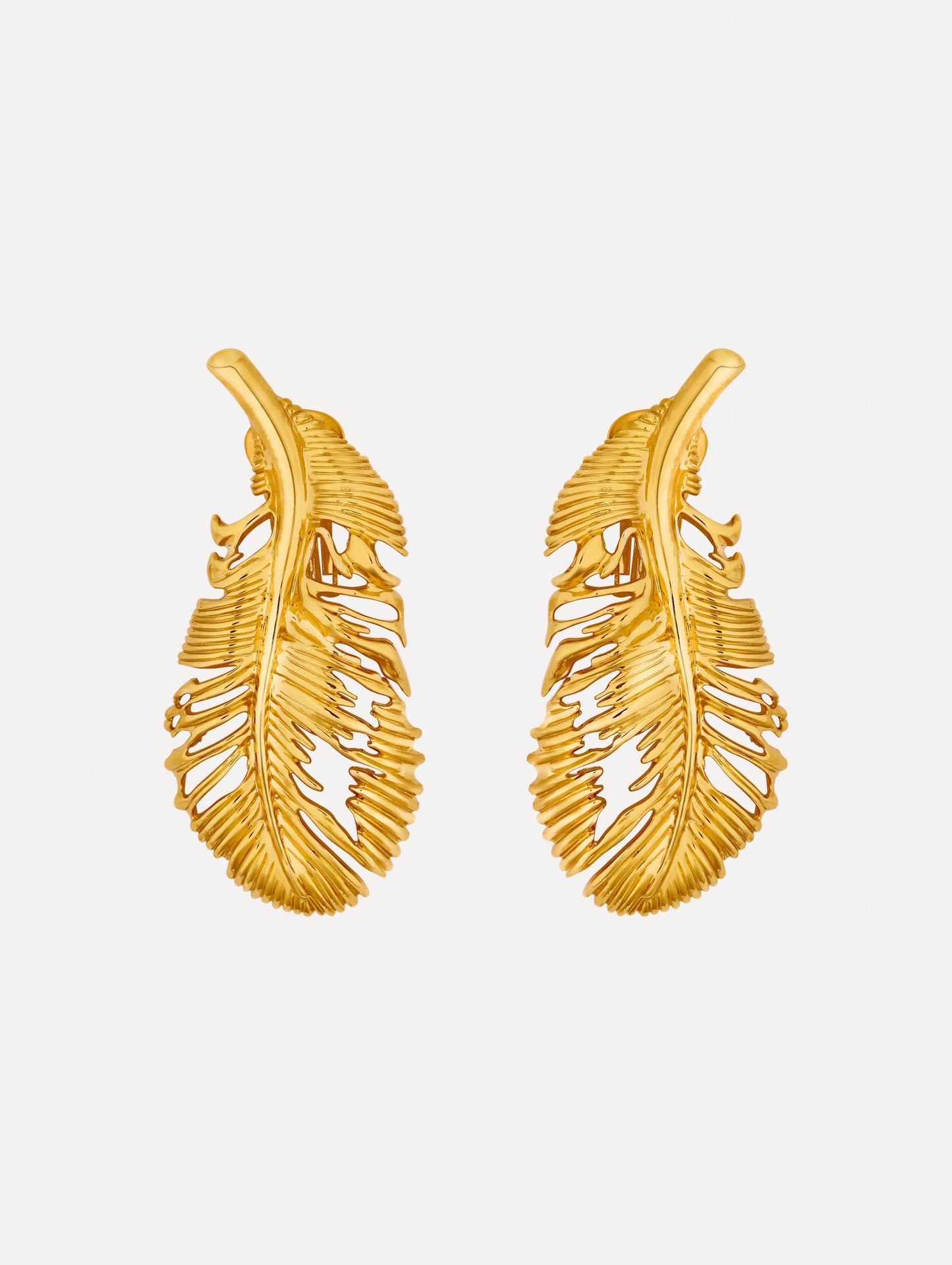Gold Feather Clip-On Earrings featuring an openwork design with textured detailing.