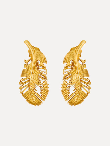 Gold Feather Clip-On Earrings featuring an openwork design with textured detailing.