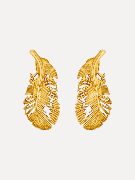 Gold Feather Clip-On Earrings featuring an openwork design with textured detailing.