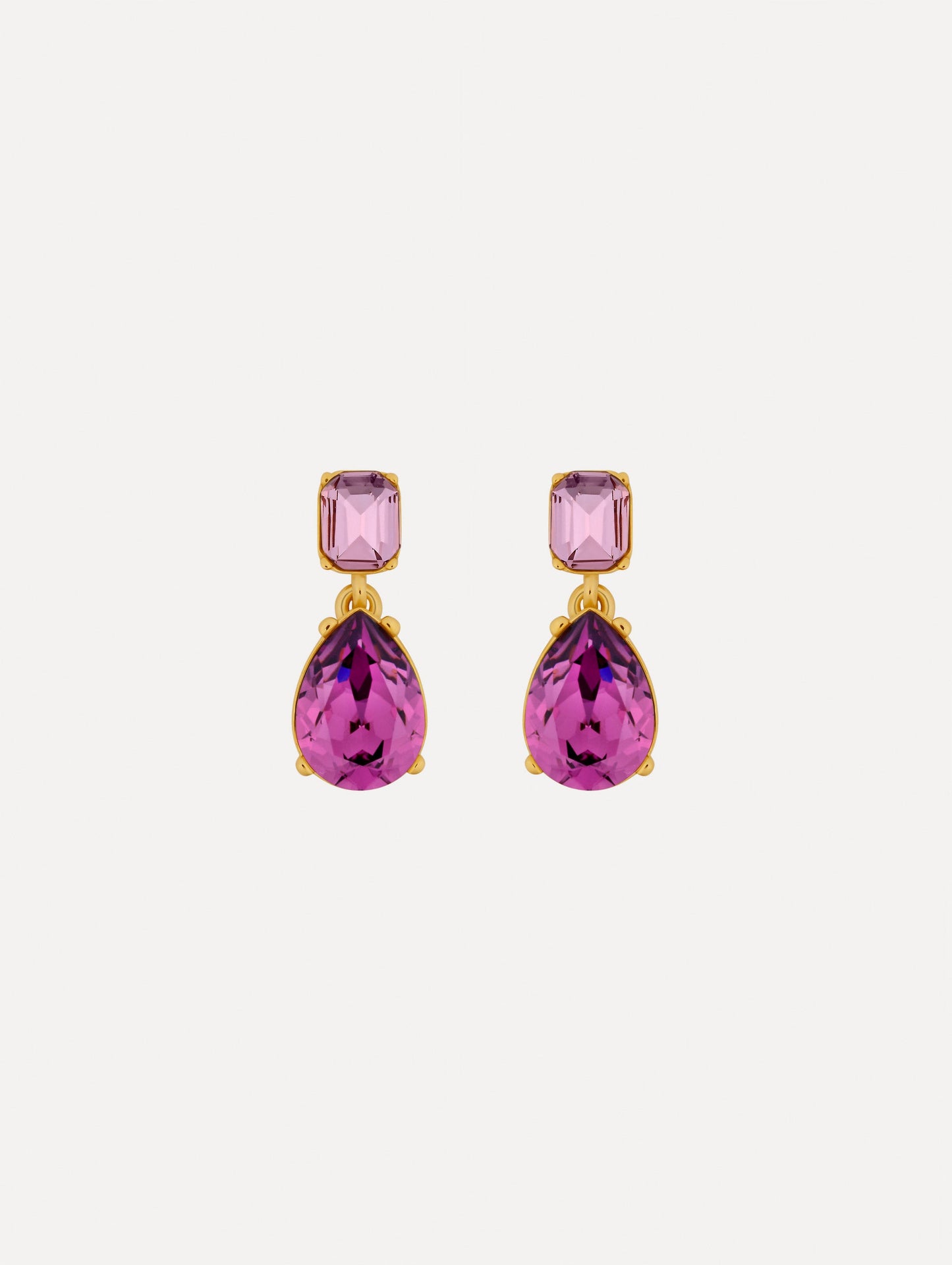 Purple Crystal Drop Earrings with rectangular lilac crystal studs and teardrop-shaped amethyst purple pendants.
