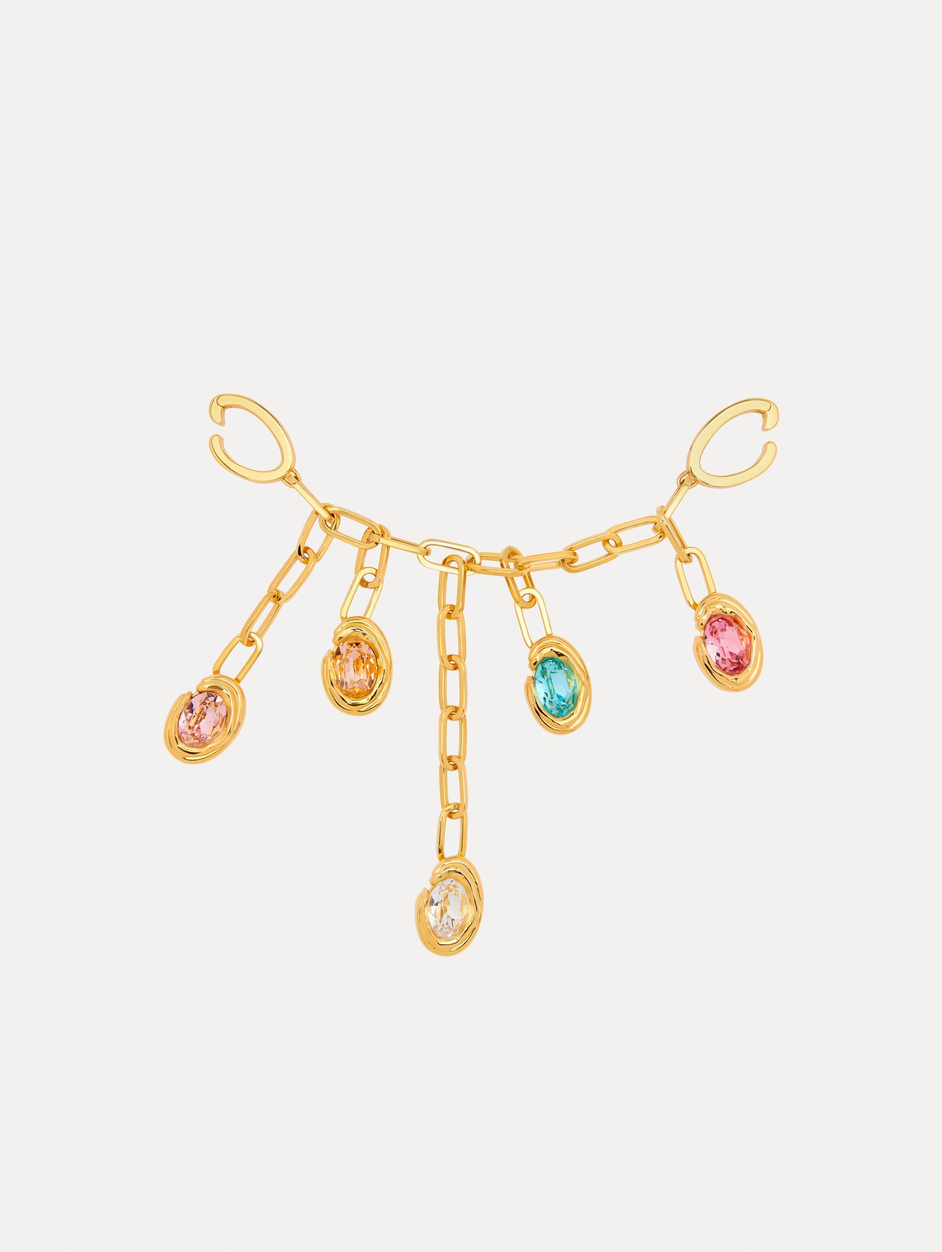 Pink, Orange, and Blue Crystals O Bag Charm in Gold Chain Front View