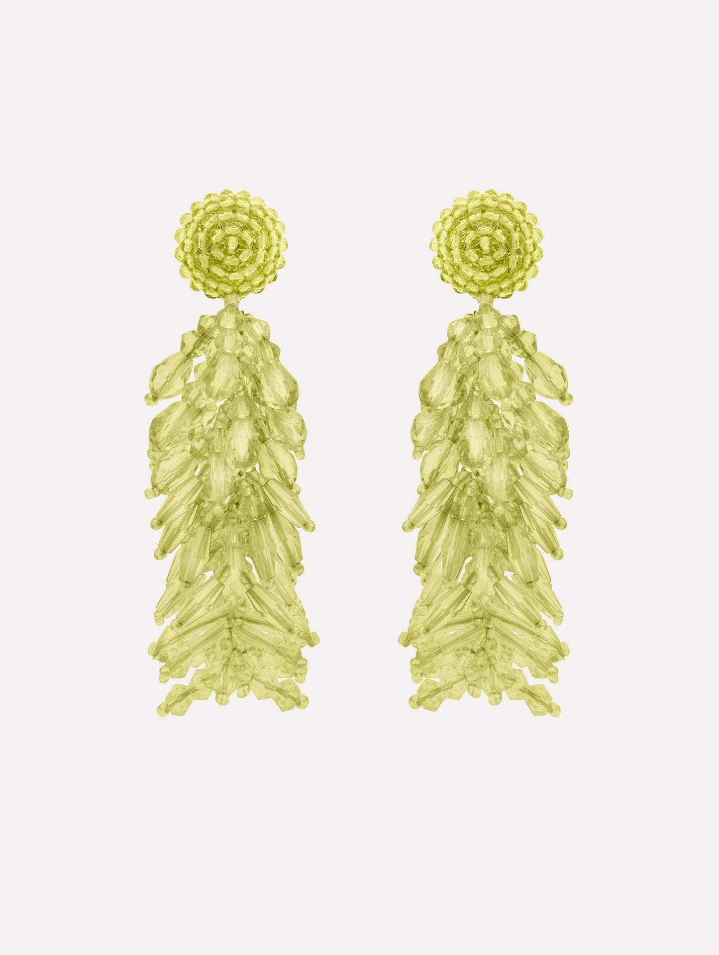 Green Beaded Cascade Tassel Clip-On Earrings with a beaded stud and cascading beaded tassel. Front View.