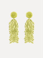 Green Beaded Cascade Tassel Clip-On Earrings with a beaded stud and cascading beaded tassel. Front View.