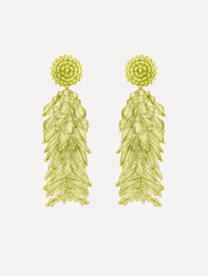Green Beaded Cascade Tassel Clip-On Earrings with a beaded stud and cascading beaded tassel. Front View.