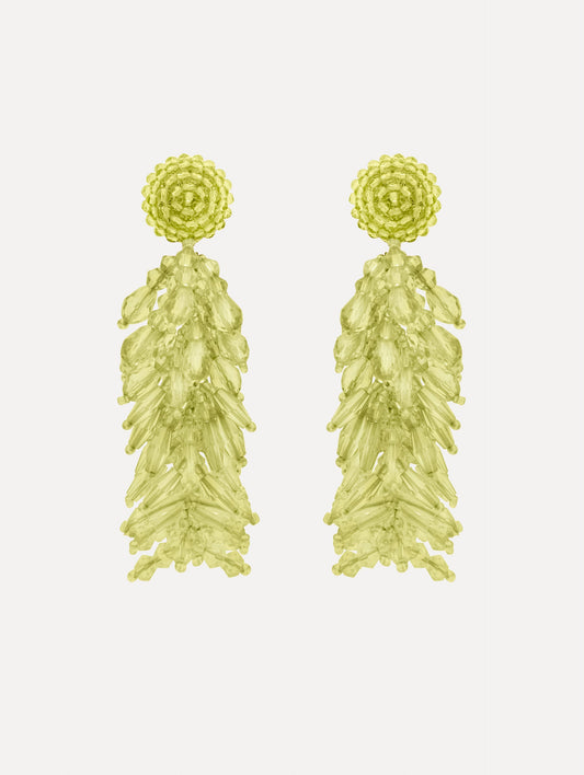 Green Beaded Cascade Tassel Clip-On Earrings with a beaded stud and cascading beaded tassel. Front View.