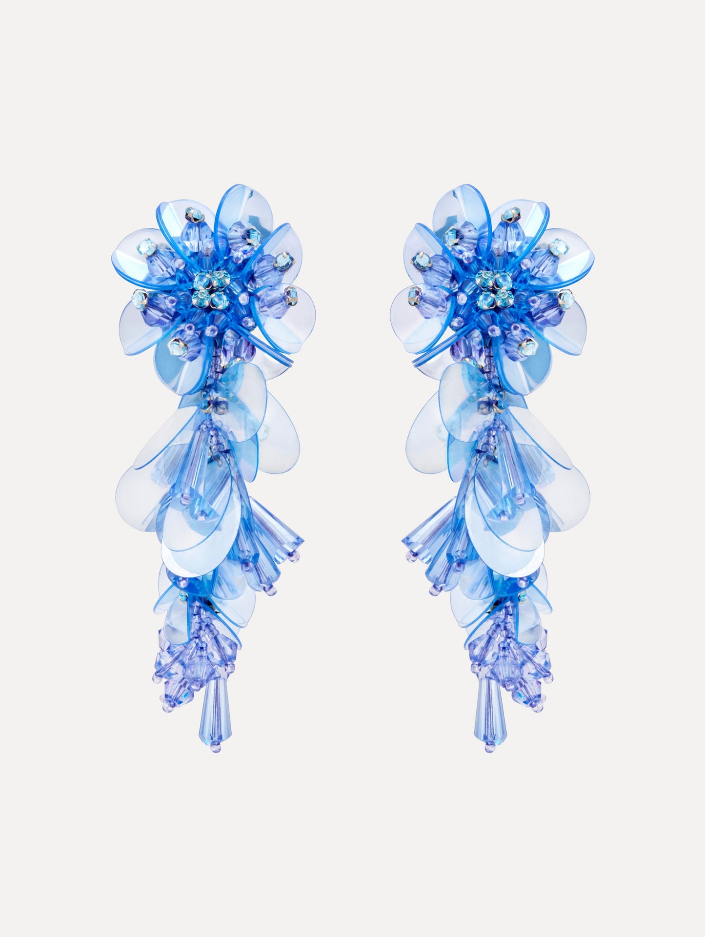 Blue Bouquet Drop Clip-On Earrings with blue cascading irredescent beaded flowers. Front View.