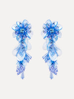 Blue Bouquet Drop Clip-On Earrings with blue cascading irredescent beaded flowers. Front View.