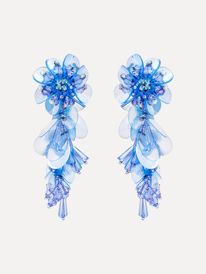 Blue Bouquet Drop Clip-On Earrings with blue cascading irredescent beaded flowers. Front View.