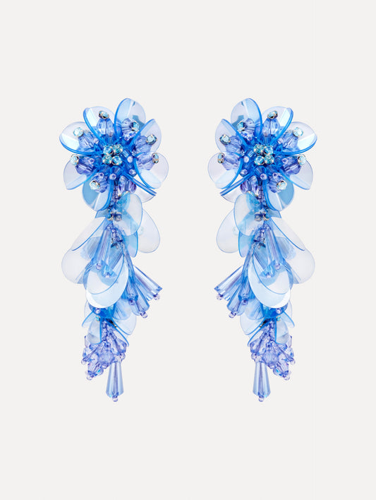 Blue Bouquet Drop Clip-On Earrings with blue cascading irredescent beaded flowers. Front View.