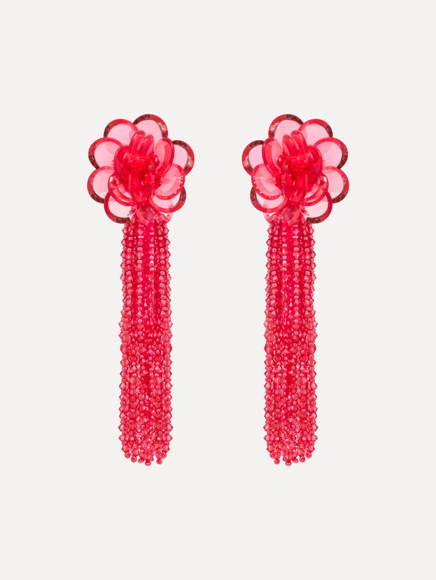 Rose Flower Chanelier Clip-On Earrings with a flower stud and cascading beaded tassel. Front View.