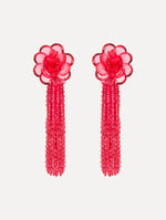 Rose Flower Chanelier Clip-On Earrings with a flower stud and cascading beaded tassel. Front View.
