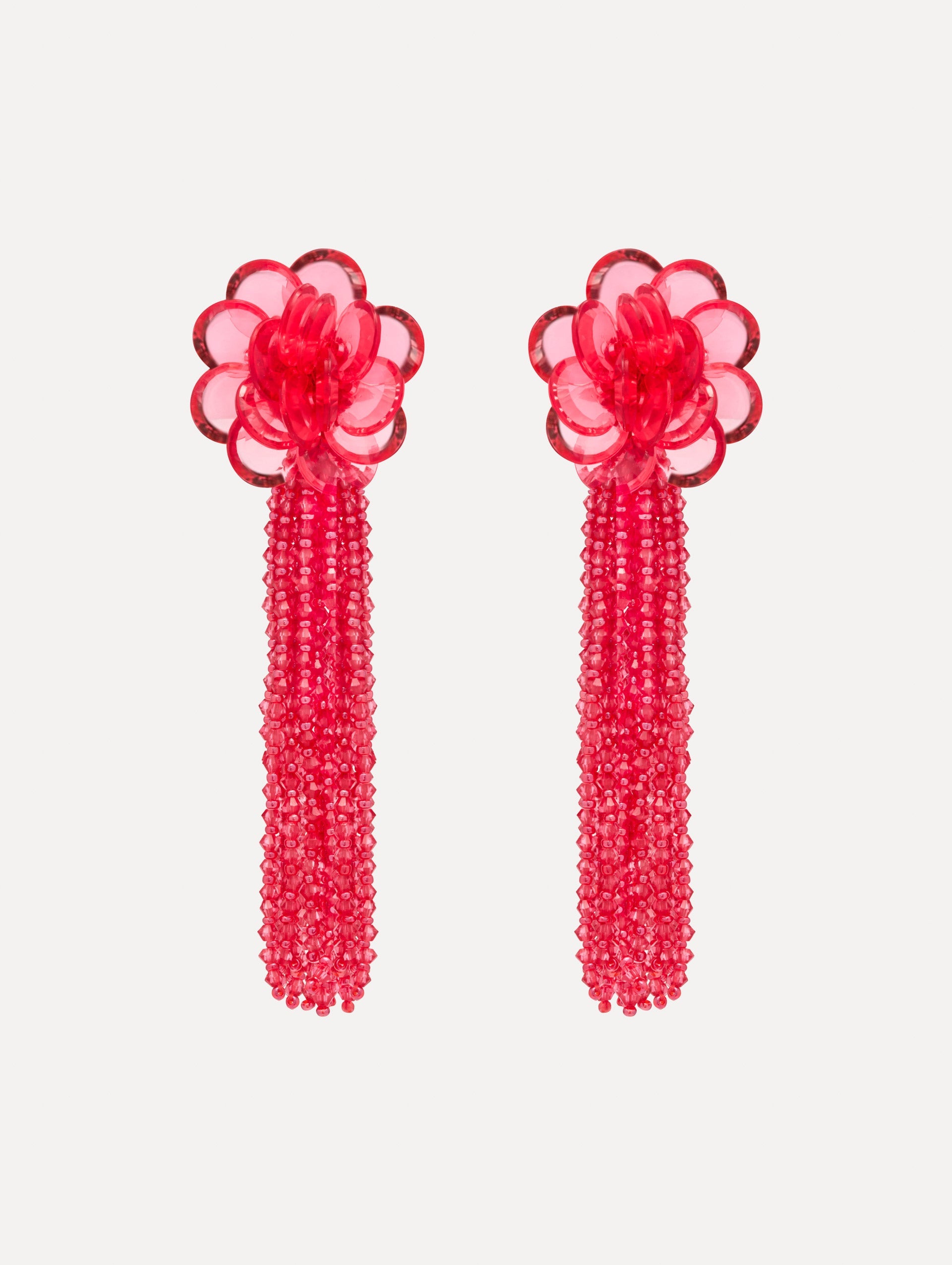 Rose Flower Chanelier Clip-On Earrings with a flower stud and cascading beaded tassel. Front View.
