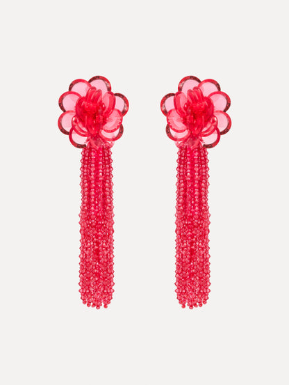 Rose Flower Chanelier Clip-On Earrings with a flower stud and cascading beaded tassel. Front View.