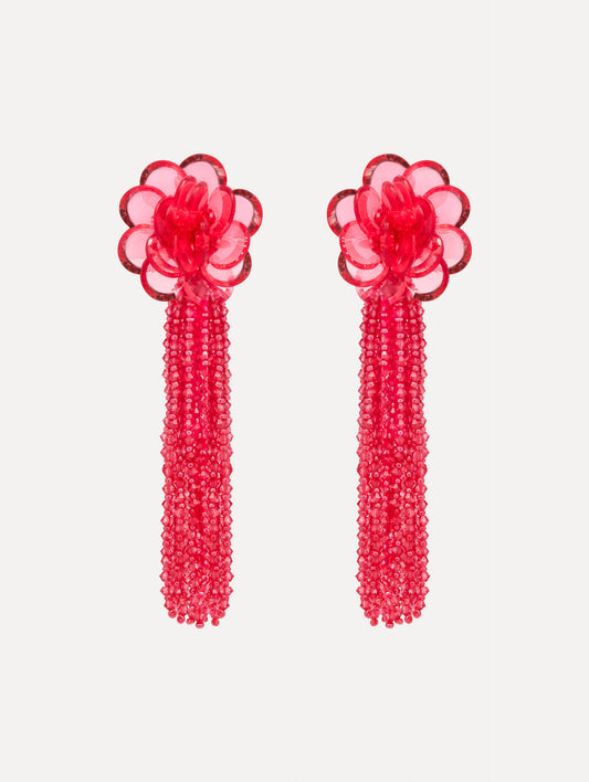 Rose Flower Chanelier Clip-On Earrings with a flower stud and cascading beaded tassel. Front View.