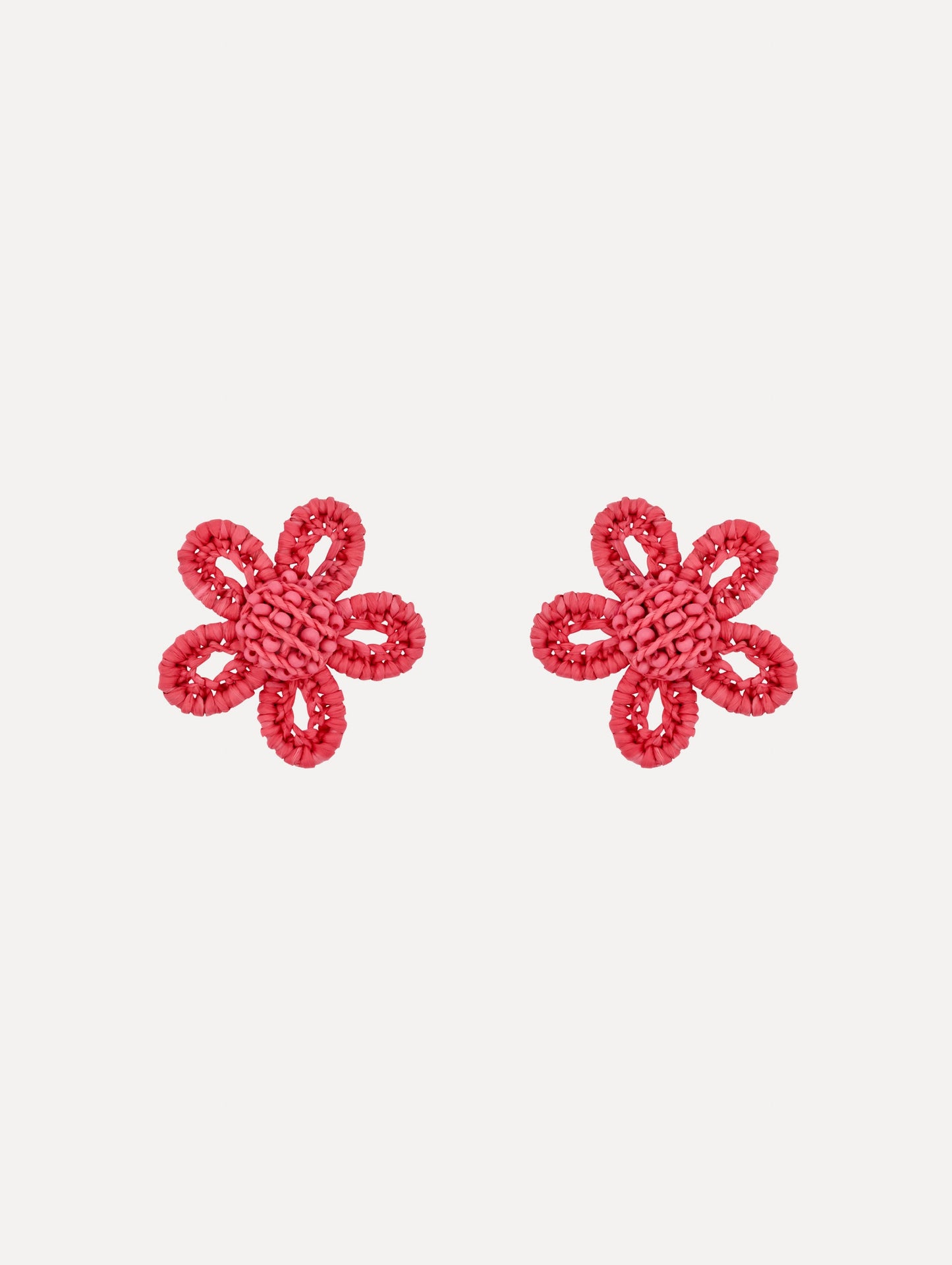 Pink Small Woven Raffia Flower Earrings with pink raffia in a flower shape. Front View.