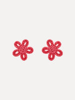 Pink Small Woven Raffia Flower Earrings with pink raffia in a flower shape. Front View.