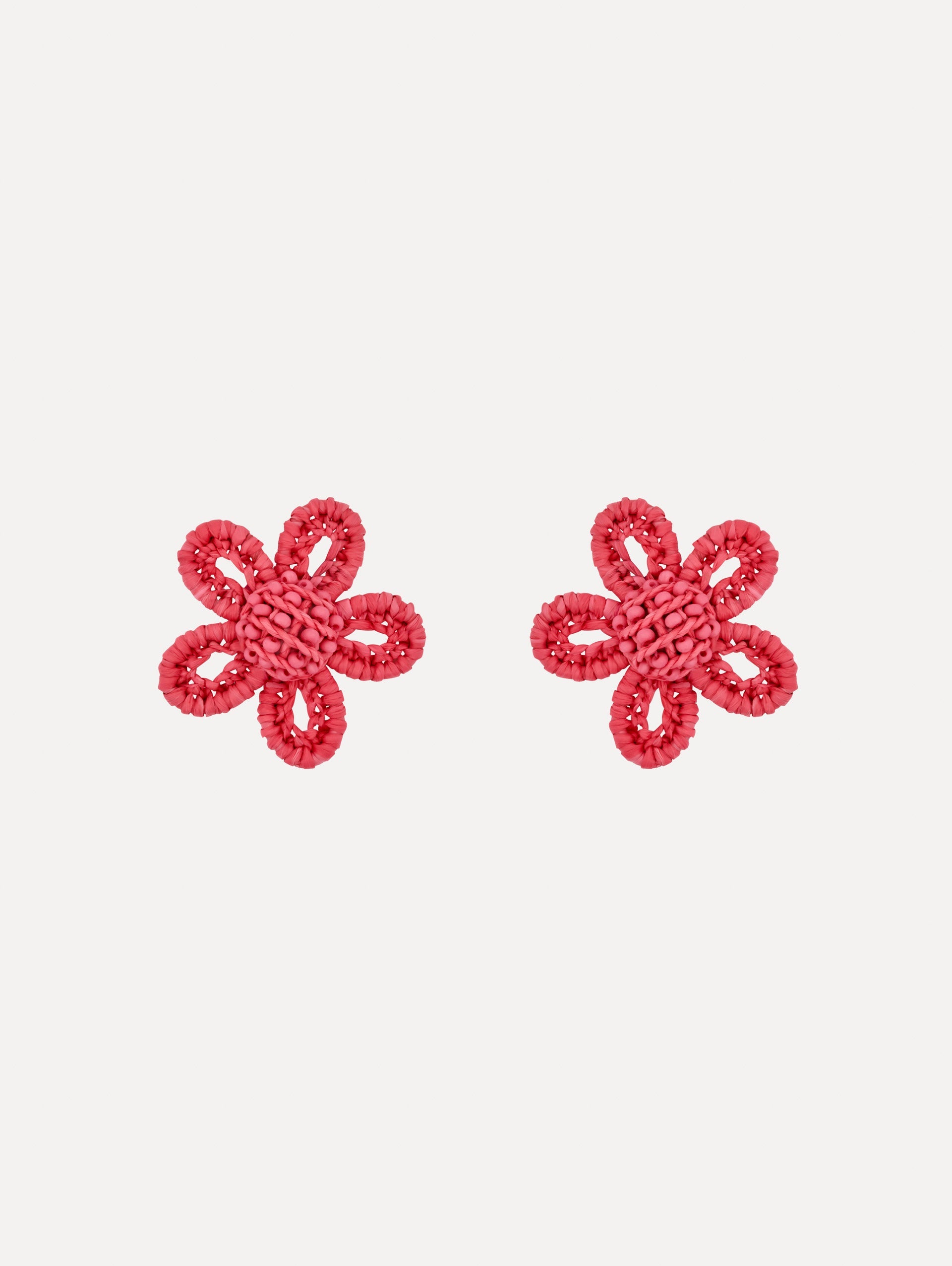 Pink Small Woven Raffia Flower Earrings with pink raffia in a flower shape. Front View.