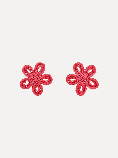 Pink Small Woven Raffia Flower Earrings with pink raffia in a flower shape. Front View.