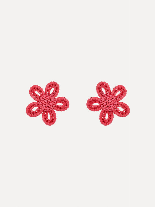 Pink Small Woven Raffia Flower Earrings with pink raffia in a flower shape. Front View.