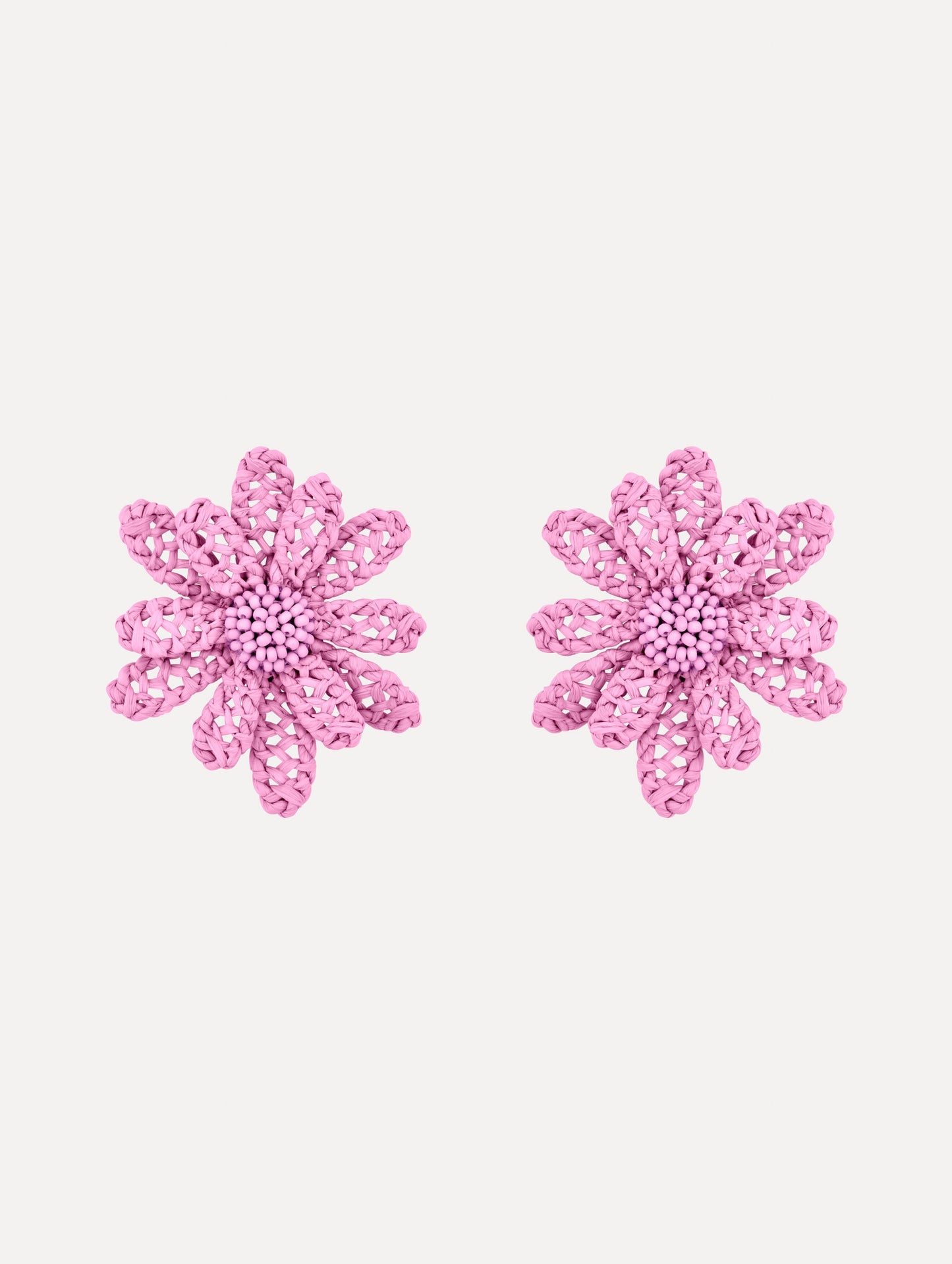 Pink Large Woven Raffia Flower Earrings with pink raffia in a flower shape. Front View.