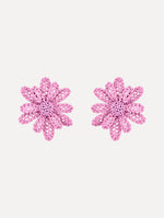 Pink Large Woven Raffia Flower Earrings with pink raffia in a flower shape. Front View.
