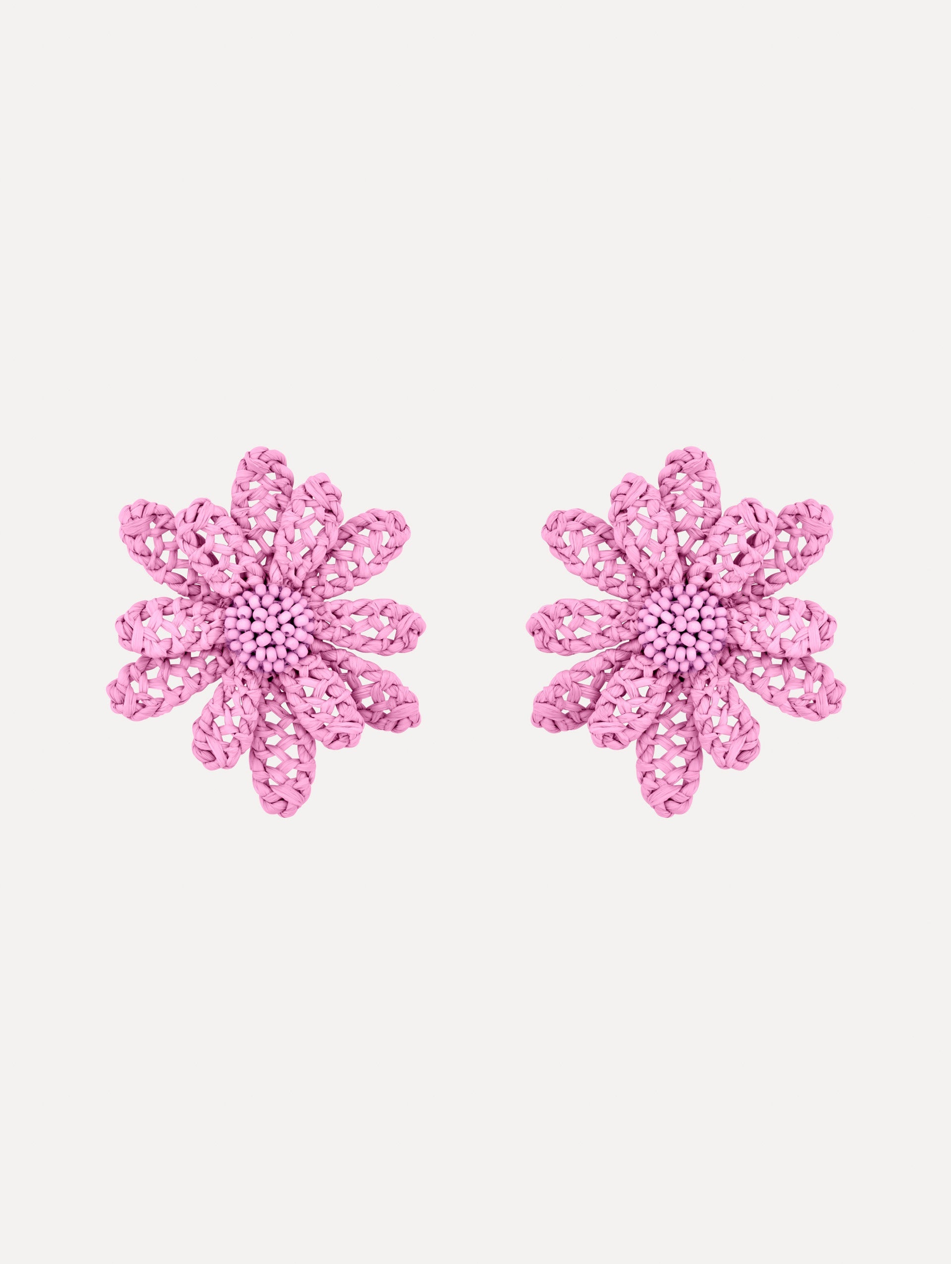 Pink Large Woven Raffia Flower Earrings with pink raffia in a flower shape. Front View.