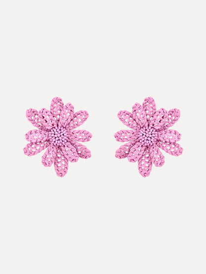 Pink Large Woven Raffia Flower Earrings with pink raffia in a flower shape. Front View.