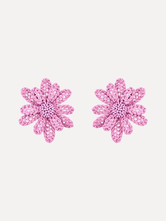 Pink Large Woven Raffia Flower Earrings with pink raffia in a flower shape. Front View.