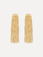 Gold Beaded Tassel Drop Clip-On Earrings. Front View.
